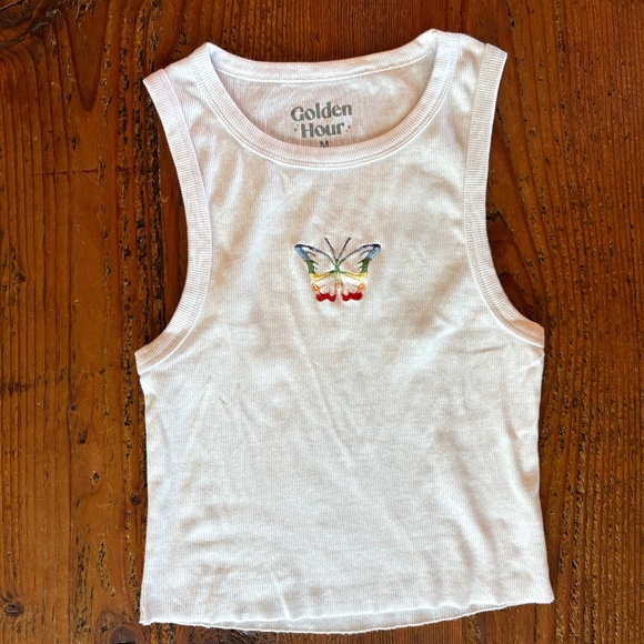 Like New Rainbow Butterfly White Cropped Ribbed Tank Top Size Medium 100% Cotton - Picture 1 of 7